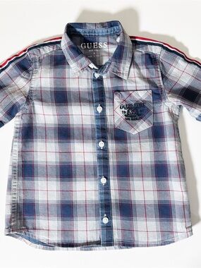 GUESS Kids Boys Plaid Short Sleeve Button Up Shirt Stripe Detail 3T Designer